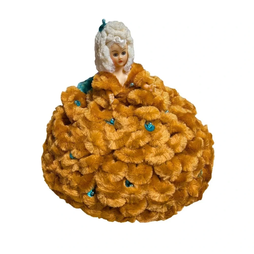VTG Loopy Chenille Doll‎ Kitsch Boudoir 60s Gold Teal Décor Mid Century Coquette